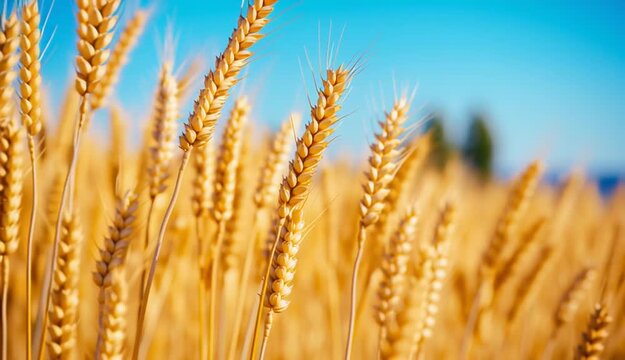 Golden ripe wheat stalks in agricultural field, close-up of wheat ears with detailed grain texture