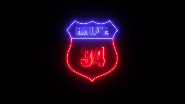 Glowing neon Route 34 text icon ,Route 34 shape symbol burning Loop. who will be used for road glowing against a black background ROUTE 34 .4k video motion graphic animation.