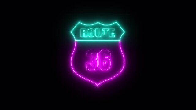 Glowing neon Route 36 text icon ,Route 36 shape symbol burning Loop. who will be used for road glowing against a black background ROUTE 36 .4k video motion graphic animation.