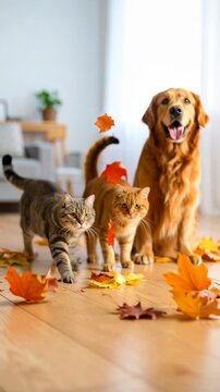 Golden retriever dog and two cats playing together indoors with autumn leaves on the floor, bright cozy home setting and warm colors.