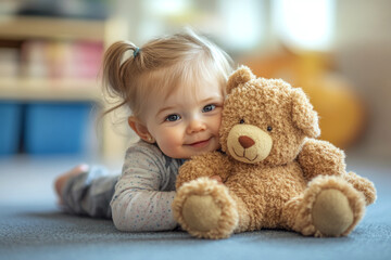 Child lying on a carpet cuddling a soft toy bear in a cozy, blurred background setting.