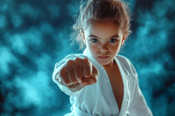 A young girl in a white martial arts uniform performs a punch, with a focused expression and a blurred blue background.