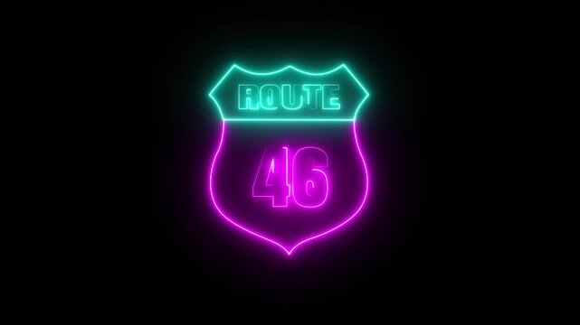 Glowing neon Route 46 text icon ,Route 46 shape symbol burning Loop. who will be used for road glowing against a black background ROUTE 46 .4k video motion graphic animation.