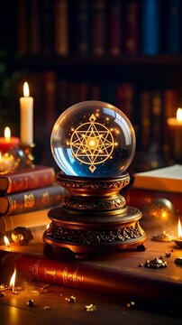 Ornate crystal ball with glowing geometric symbol on wooden table with antique books and burning candles