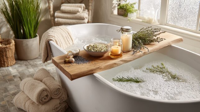 Relaxing tub setup featuring aromatics, towels and a wooden bath tray