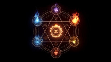 Glowing elemental symbols arranged in geometric pattern against a dark background, vibrant colors
