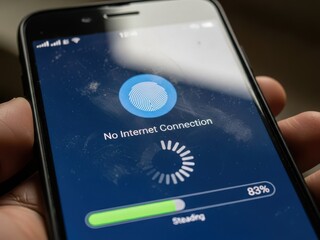 Smartphone screen displaying 'no internet connection' with a loading indicator and fingerprint icon