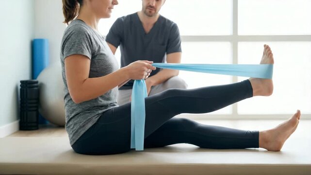 Focused young woman with motivated mood doing physiotherapy stretching exercises with a resistance band under therapist supervision against a bright rehabilitation studio background 