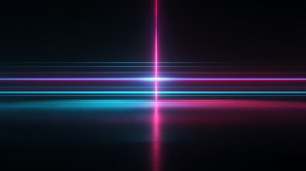 Glowing neon lights form a cross shape against a dark background, abstract and futuristic