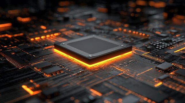 Glowing microprocessor, close-up with orange and black tones, details of circuits and components - Powered by Adobe