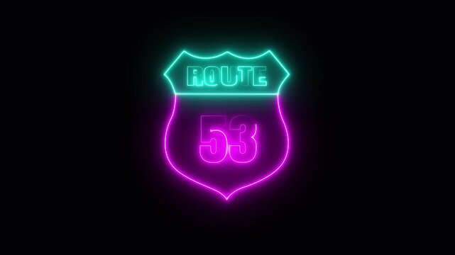 Glowing neon Route 53 text icon ,Route 53 shape symbol burning Loop. who will be used for road glowing against a black background ROUTE 53 .4k video motion graphic animation.