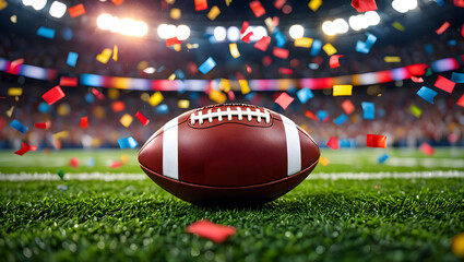 A championship winning moment with an american football on the field and falling confetti