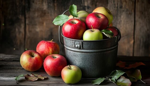 fresh apples in vintage metal bucket, red and green apples mix, weathered galvanized steel pail with handle
