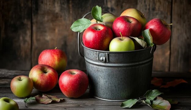 fresh apples in vintage metal bucket, red and green apples mix, weathered galvanized steel pail with handle
