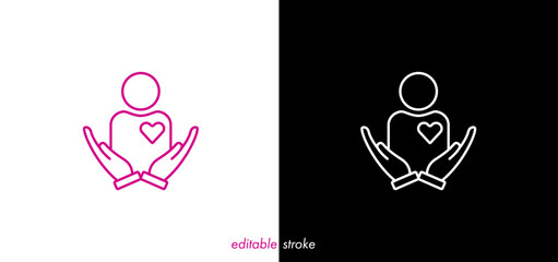 Hand holding human people with heart. Editable stroke man with heart and hands, medical vector design to use for healthcare, healthy lifestyle, medical laboratory, cardiology project.