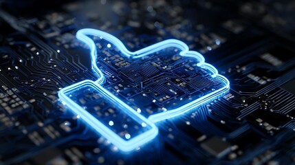 Glowing thumbs up icon on a circuit board, representing a technological approval