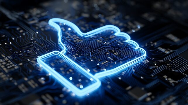 Glowing thumbs up icon on a circuit board, representing a technological approval - Powered by Adobe