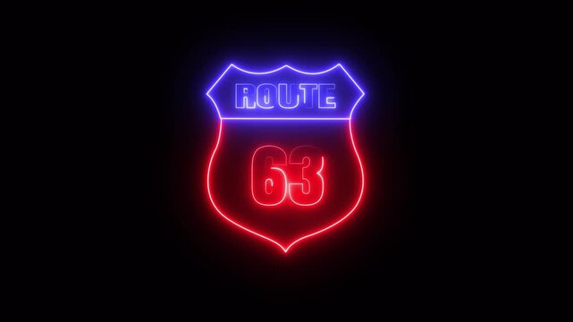 Glowing neon Route 63 text icon ,Route 63 shape symbol burning Loop. who will be used for road glowing against a black background ROUTE 63 .4k video motion graphic animation.