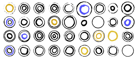 Abstract hand-drawn ink circles, rings pattern with yellow and blue accents on white background. Vector elements in casual, sketchy manner, reminiscent of stamp impressions or brush strokes. 