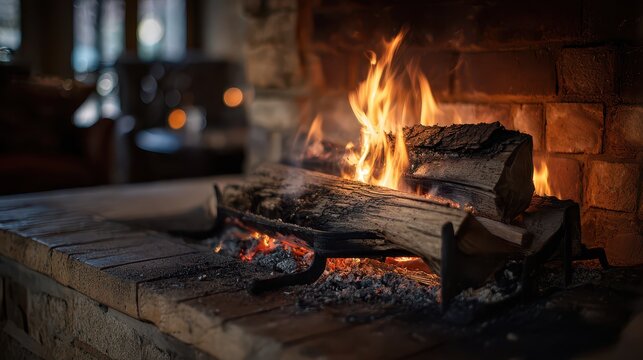 Intimate home scene: flickering flames and charred wood in a warm hearth