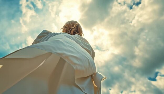 Jesus Christ reaching out his hand toward the viewer, compassionate gesture of help and salvation
