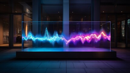Illuminated sound wave encased in a rectangular glass structure against a dark building facade