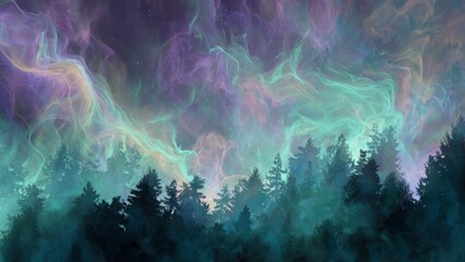 Aurora borealis over forest landscape