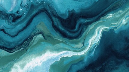 Obraz premium Abstract blue and green fluid painting with wave patterns in ocean tones.