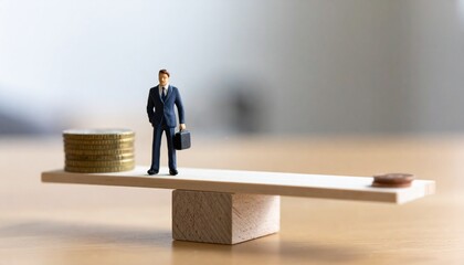 A conceptual image showing the balance between money and a businessman. The man is standing on a seesaw with coins, depicting a concept of financial stability and the weighing of options