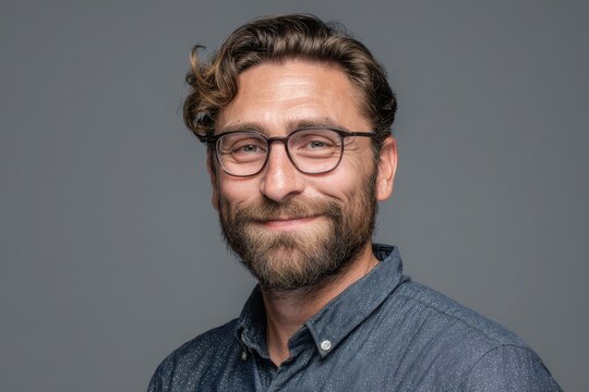Professionelles Portr&Atilde;&curren;t eines l&Atilde;&curren;chelnden Mannes mit Brille vor grauem Hintergrund