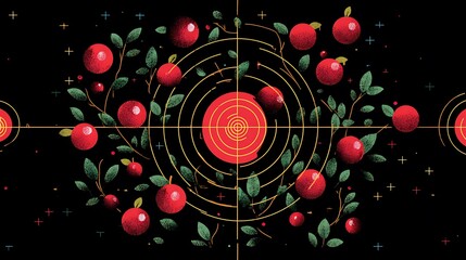 Illustration featuring red apples on leafy branches arranged within golden concentric circles