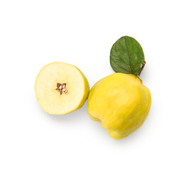Fresh quince with cut piece and leaf on white background © Pixel-Shot
