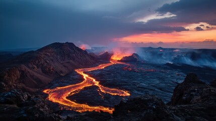 Volcanic landscape at dusk with glowing lava flows across rugged basalt terrain