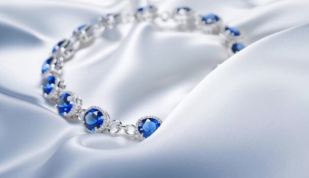 Blue sapphire bracelet on white silk fabric, round blue gemstones in silver bezel settings connected by delicate chain