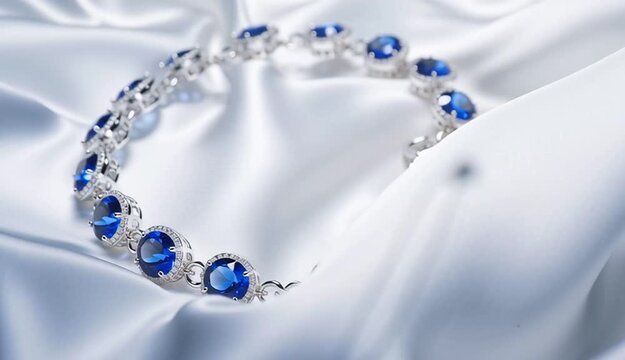 Blue sapphire bracelet on white silk fabric, round blue gemstones in silver bezel settings connected by delicate chain