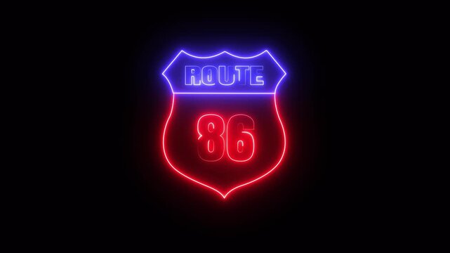 Glowing neon Route 86 text icon ,Route 86 shape symbol burning Loop. who will be used for road glowing against a black background ROUTE 86 .4k video motion graphic animation.