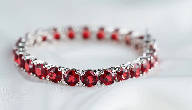 Red ruby tennis bracelet on white display surface, round brilliant cut red gemstones in silver prong settings