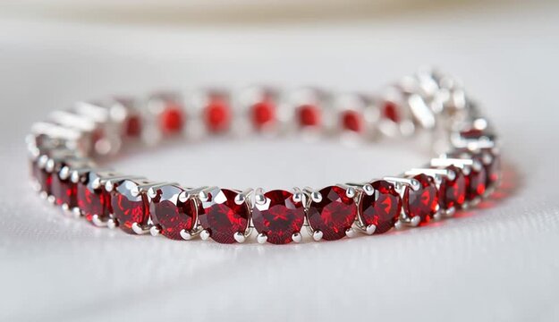 Red ruby tennis bracelet on white display surface, round brilliant cut red gemstones in silver prong settings