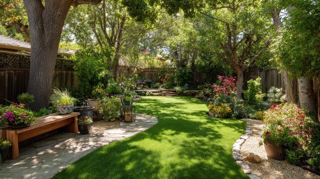 Serene suburban yard scene featuring a grassy lawn, shade trees, and flowering borders