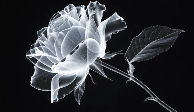 X-ray photography style of a single rose flower with stem and leaves, pure black background
