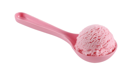 Pink plastic spoon holding a cold scoop of strawberry ice cream, a sweet refreshing frozen dessert with fruit flavor on a transparent background, perfect for summer indulgence