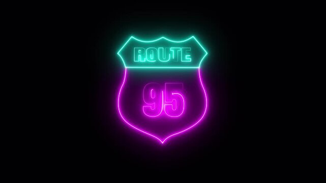 Glowing neon Route 95 text icon ,Route 95 shape symbol burning Loop. who will be used for road glowing against a black background ROUTE 95 .4k video motion graphic animation.