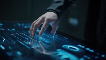 Human hand on interactive futuristic display