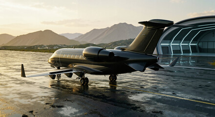 Luxury carbon fiber private jet parked on a wet runway near a modern futuristic hangar at sunset, mountain background.