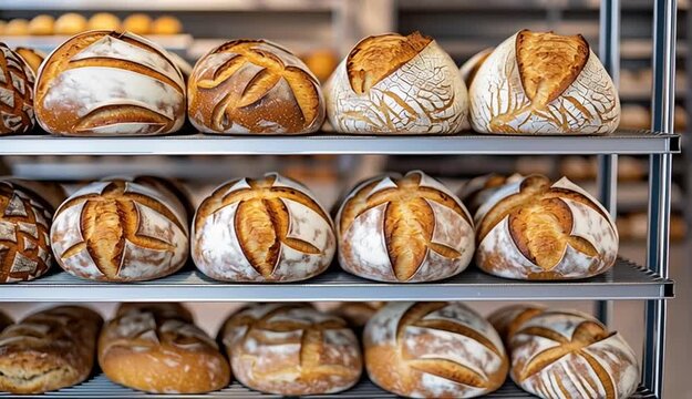 shelves with artisan bread loaves, two metal shelves stacked vertically
