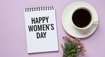 White notebook with Happy Womens Day text next to coffee cup and pink flowers