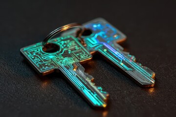Two glowing keys built from circuit patterns symbolize cryptography and data protection