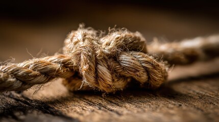 Textured rope knot resting on a wooden background under soft ambient light