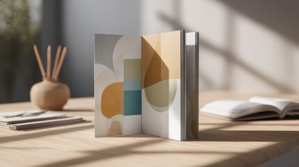 Vertical A4 brochure with minimalist geometric design for cover, back and interior pages