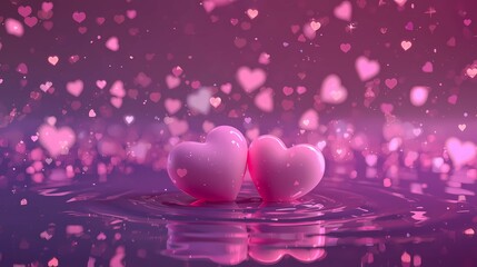 A pair of shiny 3D hearts floating on ripples of pink water against a background of small pink hearts